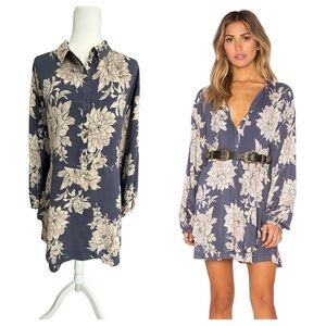 Free People Shake It Floral Mini Dress Marine Combo Boho Long Sleeve Rayon M